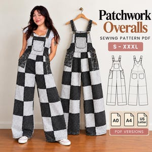 May include: Patchwork Overalls sewing pattern PDF in sizes S-XXXL. The overalls feature a black and light gray checkered denim pattern with a front bib pocket and side pockets. Includes A0, A4, and US Letter PDF versions for printing.