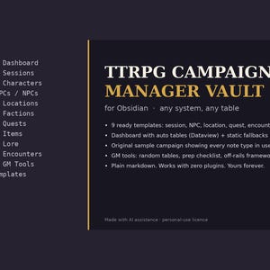 May include: A dark gray digital interface for a TTRPG Campaign Manager Vault for Obsidian. The left side lists folders from 00 Dashboard to Templates. The right side displays the title and features including 9 ready templates and GM tools.
