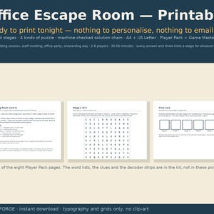 May include: A printable office escape room game kit featuring three pages from a player pack. The documents include instructions for The Meeting Room Lock-In, a word search puzzle for stage 2 of 6, and a final lock sheet with empty boxes for answers.