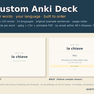 May include: A digital product display for a custom Anki deck service. The text reads: Custom Anki Deck, Your words, your language, built to order. It shows two white cards labelled Front and Back, featuring the Italian word la chiave and its translation.