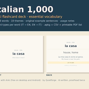 May include: An Italian 1,000 Anki flashcard deck for essential vocabulary. The image displays the front and back of a card featuring the noun la casa, with English translations, example sentences, and usage notes in a clean, digital layout.