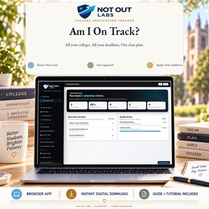 May include: A laptop displaying the Not Out Labs college application tracker software interface. The screen shows a command center dashboard with attention items, next best actions, and application status lists for a student user.