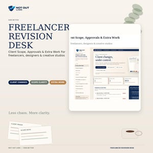 以下が含まれることがあります： Not Out LabsによるFreelancer Revision Deskのデジタルインターフェース。クライアントのスコープ、承認、追加作業を管理するダッシュボードが表示されています。レイアウトにはナビゲーションメニュー、プロジェクトステータスカード、およびClient Changes、Scope Clarity、Extra Workといったテキストラベルが含まれています。