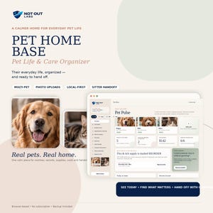 May include: A digital pet care organizer interface titled Pet Home Base by Not Out Labs. The screen displays a dashboard named Pet Pulse with pet profiles, health records, expenses, and sitter handoff features, alongside photos of a dog and cat.