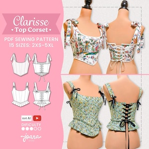 Peut inclure: Un patron de couture PDF pour le corset haut Clarisse, disponible en 15 tailles du 2XS au 5XL. L'image présente deux styles de corsets : l'un en tissu blanc avec un imprimé pastoral coloré et l'autre avec un imprimé floral vert et des rubans noirs.