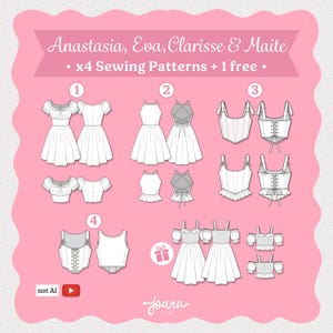 Könnte beinhalten: Eine Sammlung von Schnittmustern mit der Aufschrift Anastasia, Eva, Clarisse & Maite, die vier verschiedene Kleidungsdesigns mit Vorder- und Rückansicht zeigt. Die Abbildungen umfassen Kleider und Oberteile mit verschiedenen Ausschnitten und Schnürungen.