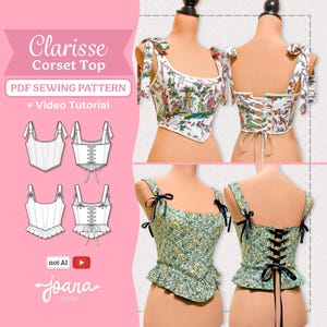 Romantic Corset Top Sewing Patter | Shoulder Ties | Peplum Version, Lace-Up Back | XXS-5XL | CLARISSE Corset PDF