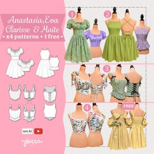 以下が含まれることがあります： Anastasia, Eva, Clarisse & Maiteと題された4つのデザインと1つの無料パターンを含む裁縫パターンのコレクション。画像には、ドレスやトップスなど、マネキンに着せられた完成した衣服の技術的な線画と写真が表示されています。