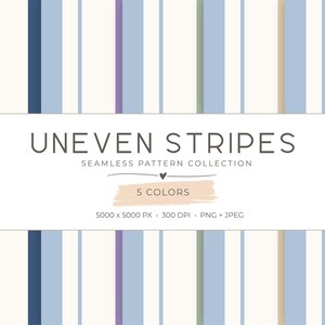 May include: A digital graphic featuring a seamless pattern of vertical stripes in shades of blue, cream, purple, green, and pink. A white rectangular overlay contains the text UNEVEN STRIPES SEAMLESS PATTERN COLLECTION, 5 COLORS, 5000 x 5000 PX, 300 DPI, PNG + JPEG.