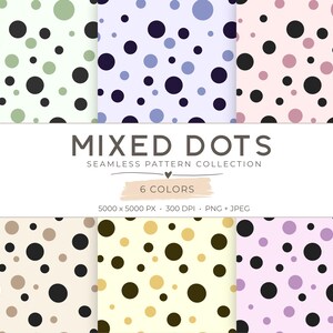 Pode incluir: Uma coleção digital de seis padrões sem costura com pontos pretos misturados com pontos coloridos em tons de verde, azul, rosa, bege, amarelo e roxo. A faixa branca central exibe o texto MIXED DOTS SEAMLESS PATTERN COLLECTION.