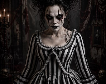 Peut inclure: Une robe à manches longues avec des rayures verticales noires et blanches, une encolure dégagée et des poignets à volants étagés. Le corsage et les manches sont ornés de dentelle blanche délicate, et la jupe présente une silhouette ample.