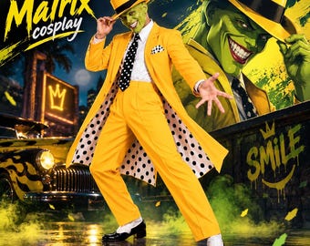 May include: A bright yellow suit featuring a long jacket with a white and black polka dot lining, matching trousers, a white shirt, a black and white polka dot tie, and a yellow fedora. The image includes the text Matrix cosplay and SMILE.