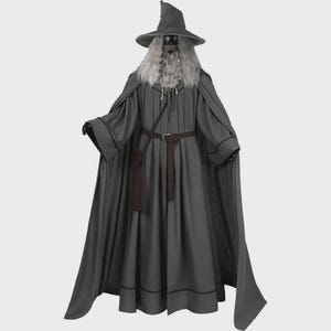 May include: A gray wizard costume featuring a long, flowing robe with wide sleeves and a matching pointed hat. The ensemble includes a dark brown belt with a small attached pouch and a long, textured gray wig that cascades down from the hat.