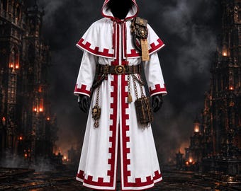 May include: A white hooded robe featuring a red crenelated trim along the edges, a dark brown utility belt with a skull buckle, hanging metal chains, a small leather-bound book, and a rectangular parchment tag attached to the shoulder area.