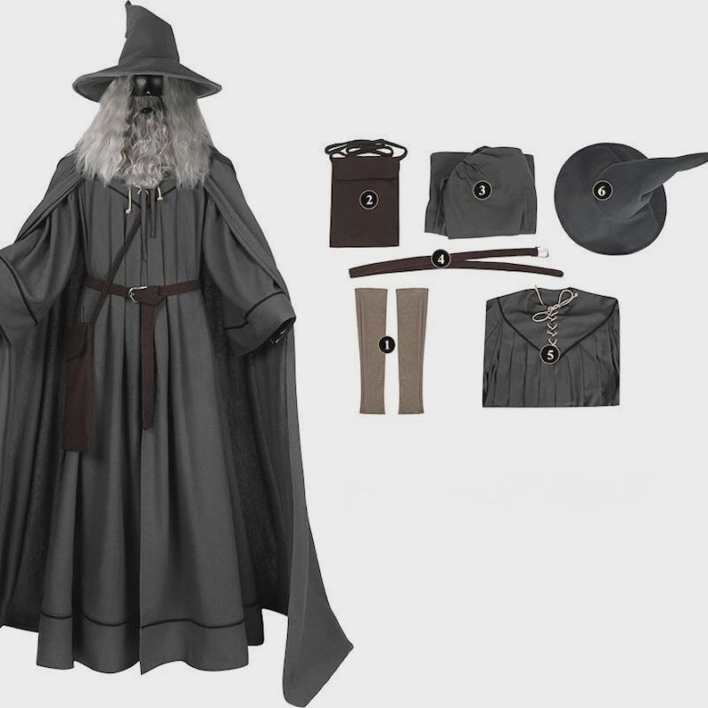 May include: A grey wizard costume set featuring a long robe, a pointed hat, a cape, and a long grey wig. The set includes numbered components: brown arm guards, a dark pouch, a folded grey fabric piece, a brown belt, a tunic, and a pointed hat.