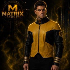 May include: A yellow and black leather jacket featuring a high collar, a full-length front zipper, and a circular X-shaped emblem on the upper sleeve. The cuffs are detailed with three horizontal gold stripes, and the jacket has a structured fit.