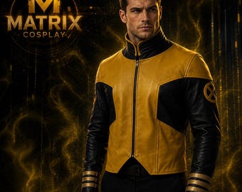 Peut inclure: Une veste en cuir jaune et noire dotée d'un col montant, d'une fermeture éclair frontale intégrale et d'un emblème circulaire en forme de X sur le haut de la manche. Les poignets sont ornés de trois bandes dorées horizontales et structurées.