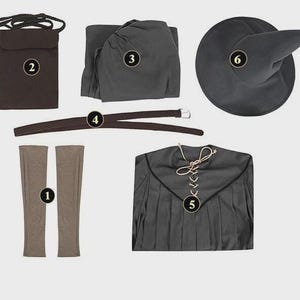 May include: A costume set consisting of a pair of light brown arm warmers, a dark brown shoulder bag with a strap, a folded dark gray hood, a dark brown belt with a silver buckle, a dark gray tunic with lace-up front, and a dark gray pointed hat.