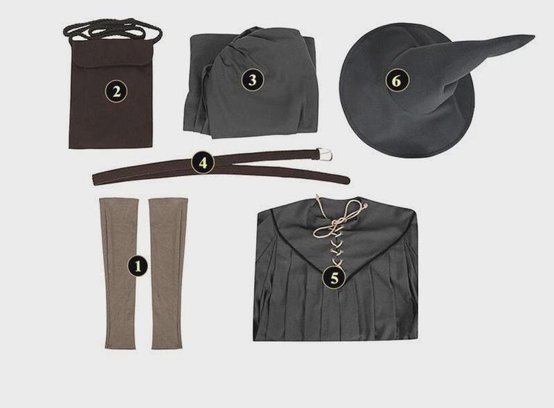 May include: A costume set consisting of a pair of light brown arm warmers, a dark brown shoulder bag with a strap, a folded dark gray hood, a dark brown belt with a silver buckle, a dark gray tunic with lace-up front, and a dark gray pointed hat.
