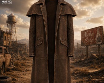 Peut inclure: Un long manteau duster marron foncé doté d'un large col, d'une capelette sur les épaules et de deux poches avant à rabat. Le vêtement est confectionné dans un tissu texturé et patiné, avec une silhouette droite ouverte et des manches longues.