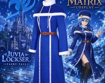Peut inclure: Une robe bleue à manches longues avec un col, des poignets et un ourlet bordés de fourrure blanche, dotée d'une ceinture marron à boucle argentée. La robe présente un passepoil blanc vertical sur le devant et un col haut. Texte Matrix Cosplay.