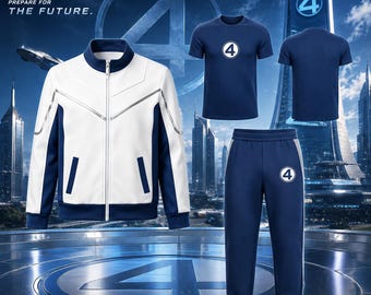 Peut inclure: Une veste zippée blanche et bleu marine, un t-shirt bleu marine à manches courtes avec un logo numéro 4, et un pantalon de jogging bleu marine avec un logo numéro 4. Le texte Fantastic Four Prepare for the Future est visible en haut à gauche.