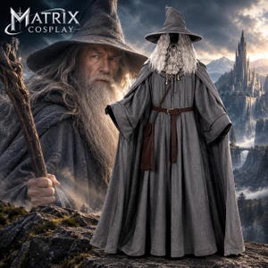 May include: A grey wizard costume featuring a long robe, a pointed hat, and a brown belt with a pouch. The ensemble includes a long white wig and beard. The text Matrix Cosplay is visible in the upper left corner of the image.