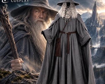 Peut inclure: Un costume de magicien gris comprenant une longue robe, un chapeau pointu et une ceinture marron avec une pochette. L'ensemble inclut une longue perruque et une barbe blanches. Le texte Matrix Cosplay est visible en haut à gauche.