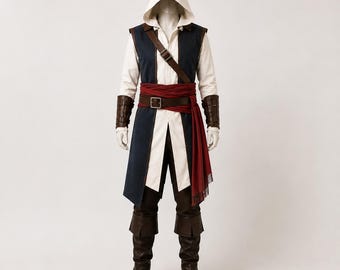 Peut inclure: Un costume à capuche composé d'une chemise blanche à manches longues, d'une tunique bleu marine sans manches et d'une ceinture rouge foncé avec une boucle en cuir marron. L'ensemble comprend des protège-bras et des bottes en cuir marron.