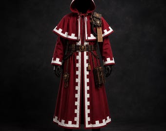 May include: A deep red hooded robe featuring white crenellated trim along the edges, a dark brown utility belt with a central skull emblem, hanging metal chains, a small book-shaped accessory, and a shoulder-mounted mechanical device with a tag.