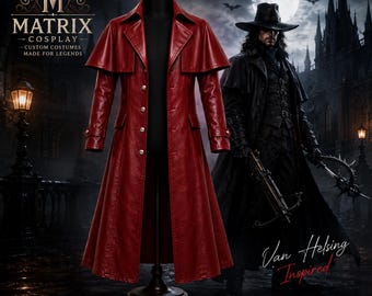 Peut inclure: Un long trench-coat en cuir rouge foncé doté d'un large col, d'une capelette sur les épaules et d'une rangée de boutons argentés sur le devant. Le manteau est présenté sur un mannequin. Le texte sur l'image inclut Matrix Cosplay et Van Helsing Inspired.