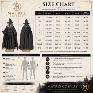 May include: A Matrix Cosplay size chart featuring a dark gray wizard costume with a pointed hat and hooded cloak. The image includes a detailed table with measurements in centimeters, a how-to-measure guide, and care instructions for the garment.