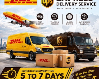 Peut inclure: Un graphique promotionnel avec les logos DHL et UPS, un avion cargo jaune DHL, une camionnette jaune DHL, un camion marron UPS et des cartons d'expédition. Le texte inclut EXPRESS DELIVERY SERVICE, YOUR ORDER OUR PRIORITY et 5 TO 7 DAYS.