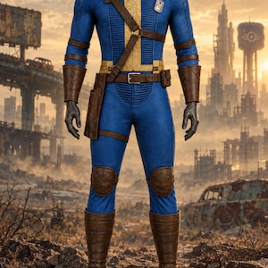May include: A blue jumpsuit featuring a yellow vertical zipper panel, brown leather-like shoulder strap, belt, forearm guards, knee pads, and tall boots. The garment includes a small metallic badge on the chest and textured ribbed detailing.