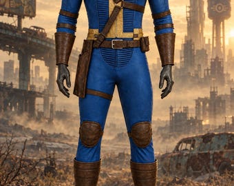 Peut inclure: Une combinaison bleue avec un panneau de fermeture éclair vertical jaune, une bandoulière, une ceinture, des protège-avant-bras, des genouillères et des bottes hautes en similicuir marron. Elle présente un badge métallique sur la poitrine.