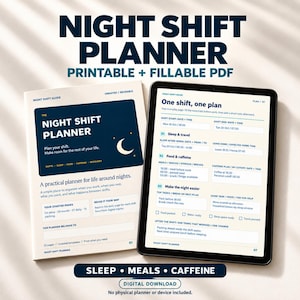 May include: A Night Shift Planner printable and fillable PDF set featuring a guide cover with a moon icon and a tablet screen displaying a daily schedule page with sections for sleep, travel, food, caffeine, and tasks for night shift workers.