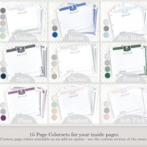 Puede incluir: Un gr&aacute;fico que muestra 15 opciones de color diferentes para las p&aacute;ginas interiores de una agenda o cuaderno. Los colores incluyen Ceniza, Vintage, Real, Azul suave, Wyatt, Splash, Azul marino, Cl&aacute;sico, Bosque, Menta, Rosa, Ciruela, Escarlata, Rosa suave y Rubor.