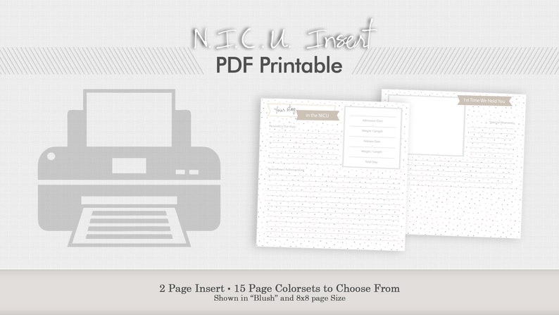 Puede incluir: Un inserto imprimible para un diario o planificador de NICU. El inserto tiene dos p&aacute;ginas y presenta un fondo punteado con l&iacute;neas para escribir. El texto "Your Day" y "NICU Info" est&aacute; en la parte superior de la p&aacute;gina. El inserto se muestra en color rubor y en tama&ntilde;o de p&aacute;gina 8x8.