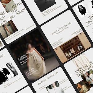 Può includere: Una raccolta di grafiche di marketing digitale con varie immagini legate alla moda, tra cui un abito bianco, appendiabiti e sovrapposizioni di testo come THE PIECE YOU'LL REACH AGAIN AND AGAIN, ONE LOOK, TWO DIRECTIONS e ONE PIECE, THREE WAYS.