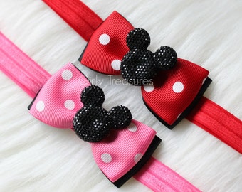 Mouse Bow Headband Set. Red Mouse Bow Headband. Hot Pink Mouse Headband. Polka Dots Headband. Baby Headband. Infant Headband. Girl Headband.