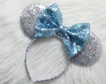 Silver and Light Blue Mouse Ears Headband. All Over Sequin Mouse Ears. Holiday Mouse Ears. Disney Headband. Winter Ears.  One Size Fits Most