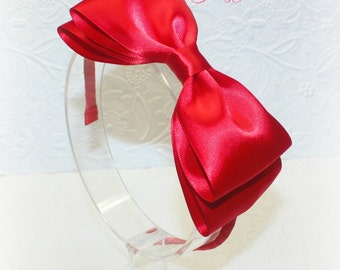 Red Satin Bow on Plastic Headband. Snow White Headband. Baby Headband. Girl Headband. Women Headband.