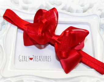 Baby Red Satin Bow Headband. Baby Headband. Girl Headband. Toddler Headband. Newborn Headband. Photo Prop.