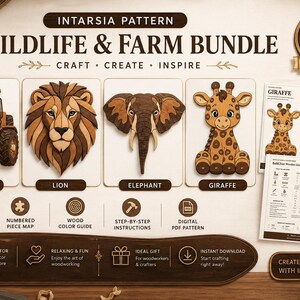 Op de afbeelding: Een intarsia patroonbundel met vier houten ontwerpen: een tractor, een leeuw, een olifant en een giraf. De set bevat een genummerde onderdelenkaart, een houtkleurengids, stapsgewijze instructies en een digitaal PDF-patroon voor houtbewerking.