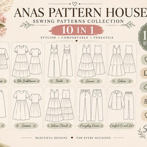 Puede incluir: Una colección de patrones de costura digital titulada ANAS PATTERN HOUSE 10 IN 1 BUNDLE. La imagen muestra diez diseños de ropa distintos, incluyendo vestidos, monos, pantalones y un conjunto coordinado, cada uno con ilustraciones de línea.