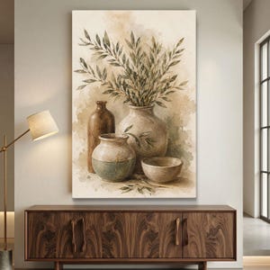 May include: A vertical wall art print featuring a watercolor painting of three ceramic vessels and a bowl arranged on a surface. The composition includes a tall brown bottle, a large rounded vase, a smaller two-toned vase, and a bowl with leafy branches.