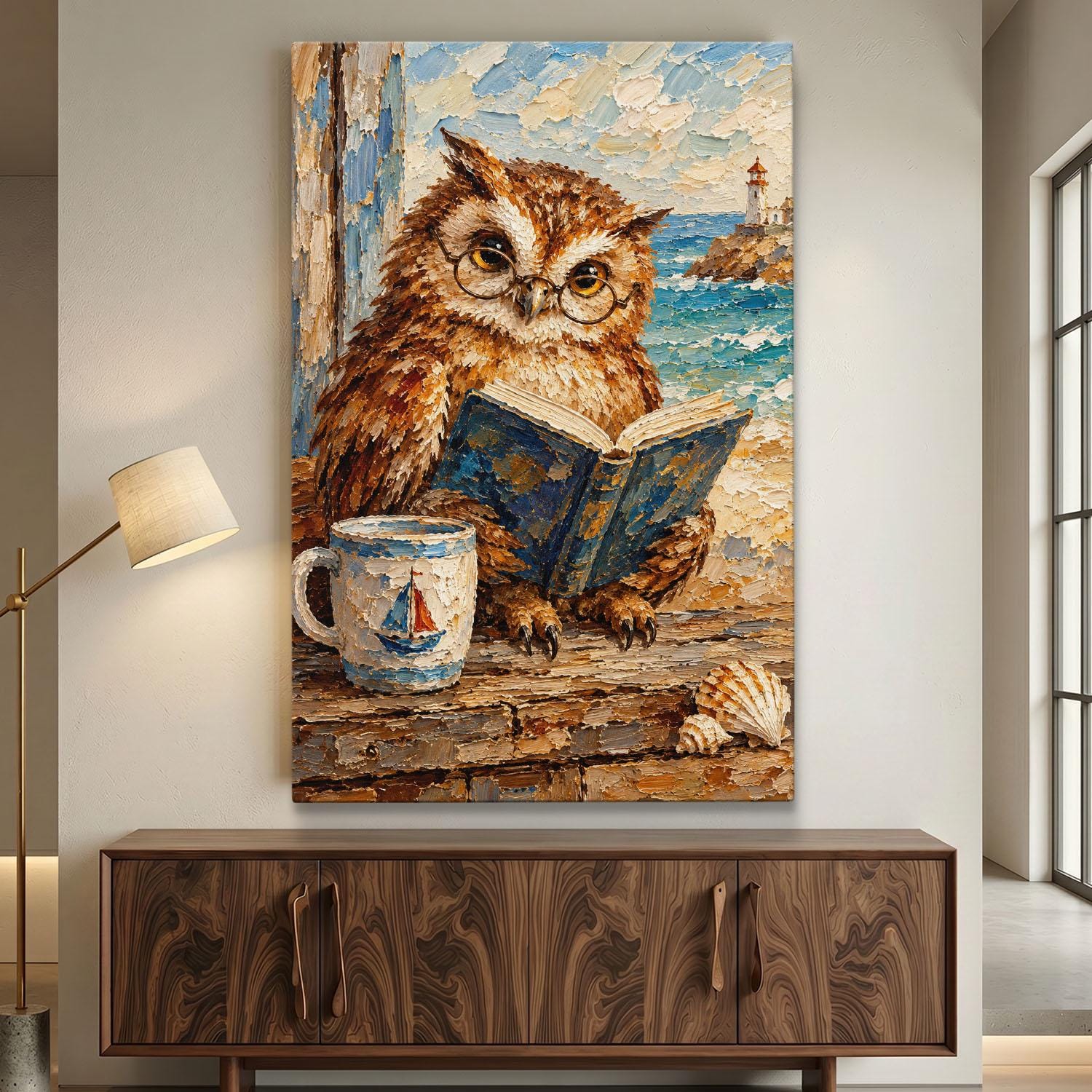 Reading Owl Canvas Print, Coastal Beach House Wall Art, Whimsical Animal with Glasses Decor, Book Lo