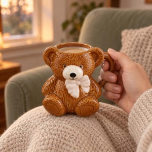 Könnte beinhalten: Ein brauner Keramikbecher in Form eines Teddybären mit glänzender Oberfläche. Der Bär hat ein strukturiertes Fellmuster, eine glatte weiße Schnauze, eine schwarze Nase und eine weiße Fliege am Hals. Ein geschwungener Henkel ragt rechts hervor.