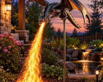 Solar Dragon Outdoor Decor, Fire Breathing Garden Light, Dragon Yard Stake, Spooky Gothic Outdoor Decor, Fantasy Gift