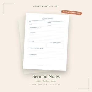 Puede incluir: Una hoja de notas de sermón imprimible en blanco con el texto Grace & Gather Co., Instant Download, Sermon Notes, Listen Reflect Apply, Date, Speaker, Series, Scripture, Message Title & Big Idea, Main Points, Key Verses, Questions y Prayer Requests.